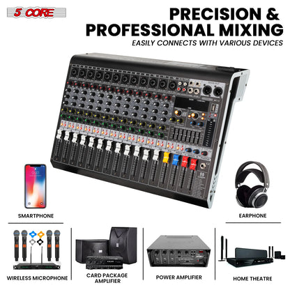 5 Core Audio Mixer 12 Channel DJ Equipment with Bluetooth USB Console Sound Board