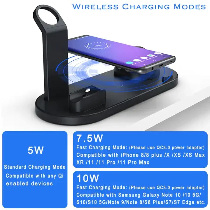 15W 6-in-1 Fast Wireless Charging Dock Station for iPhone, AirPods, and Apple Watch