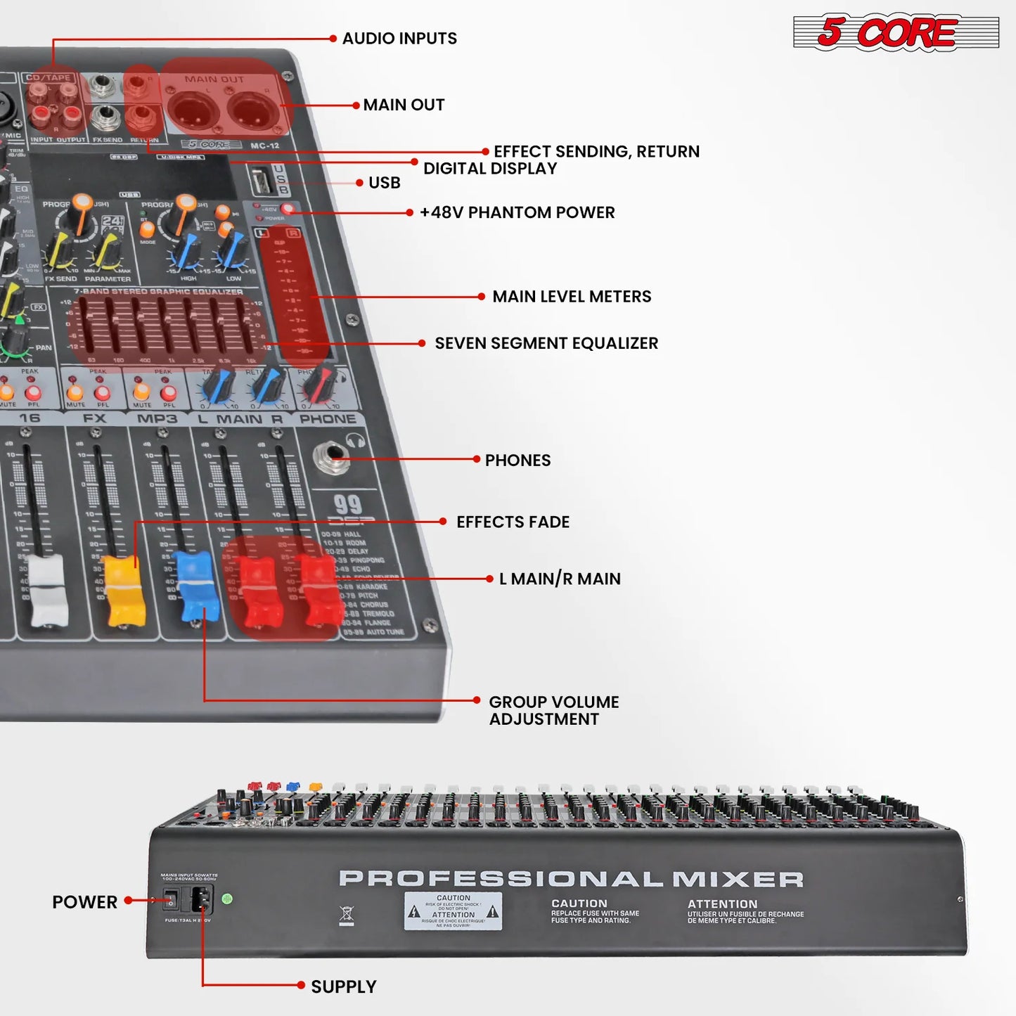 5 Core Audio Mixer 12 Channel DJ Equipment with Bluetooth USB Console Sound Board